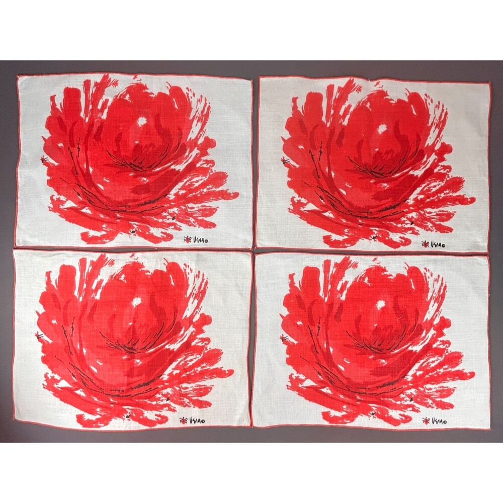 Vintage Vera Neumann Large Red Flower Linen Placemat Set of 4
